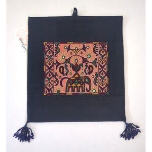 Shrujan Dupion Silk Hand Embroidered Mirror Work Wall Hanging Beaded Tassels New